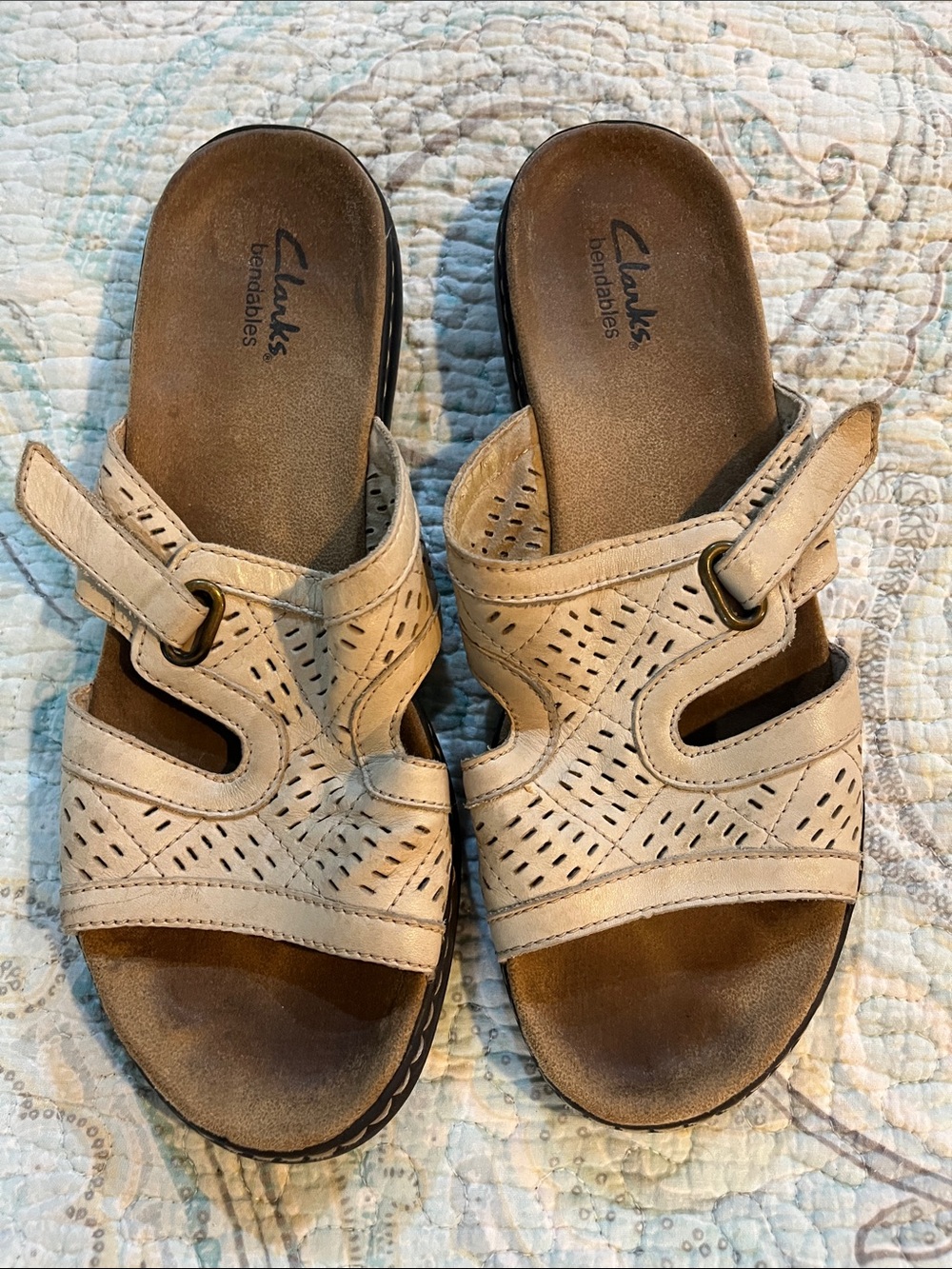 Clarks Bendables Beige Perforated Leather Slide Sandals with Adjustable Buckle